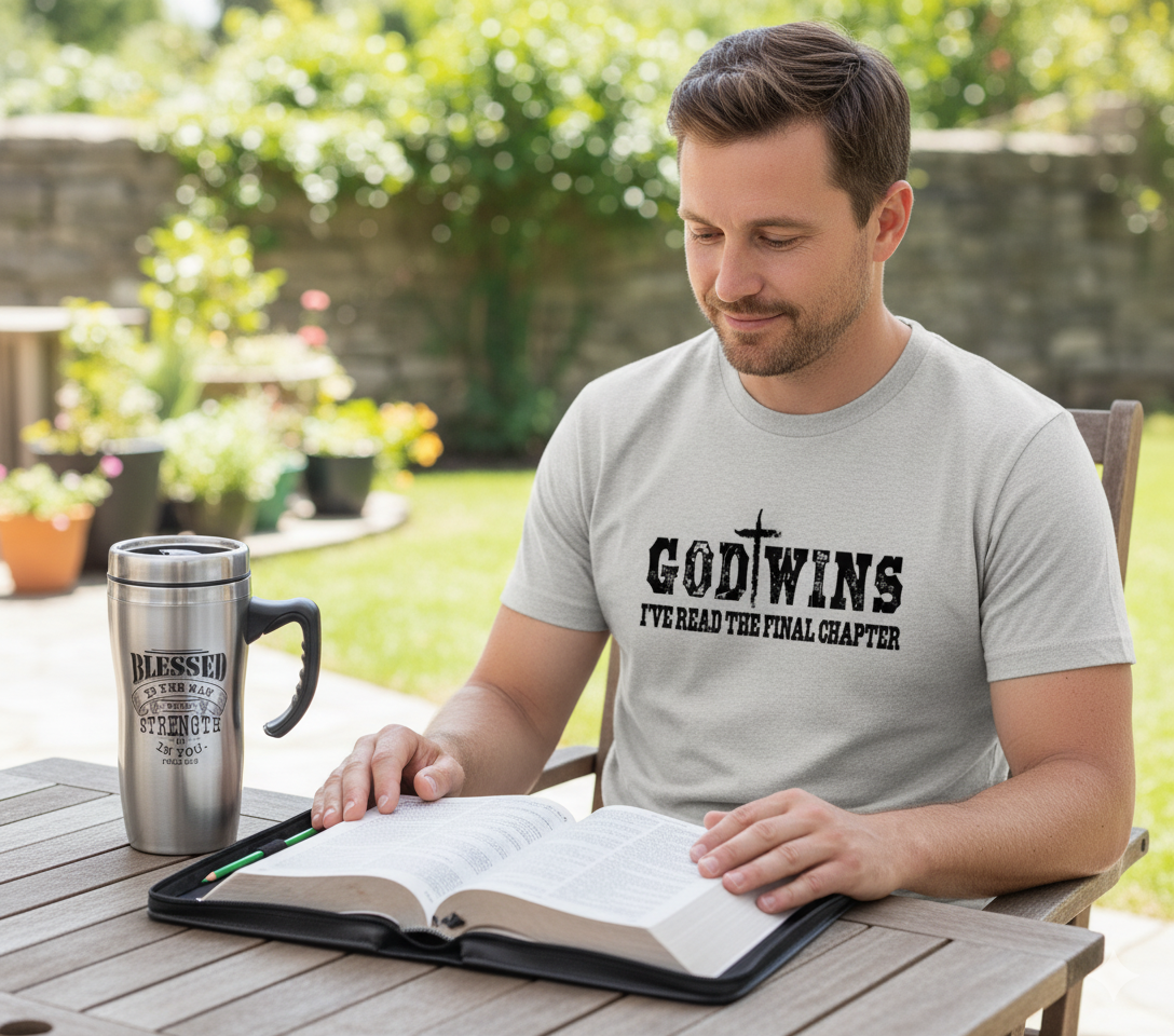 Man reading a book outdoors wearing a t-shirt with 'GOD WINS' text.