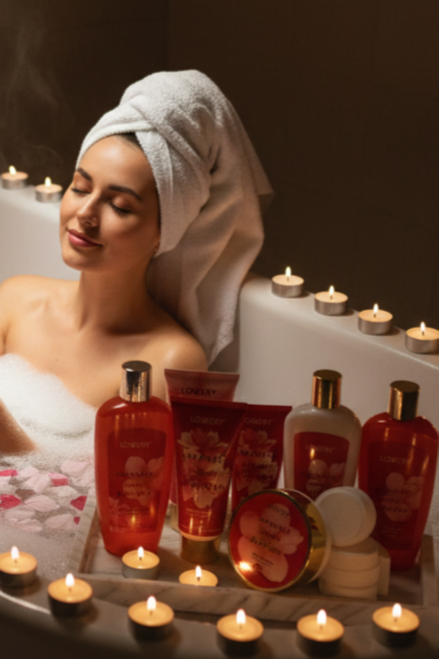 Woman in a bathtub with candles and bath products on the side