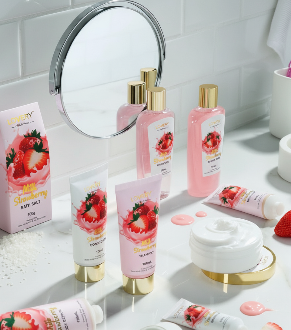 Cosmetic products with strawberry design on a bathroom counter