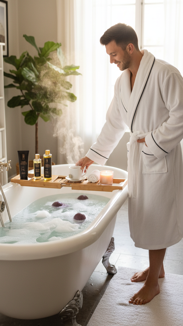 Man in a white robe standing by a bathtub filled with water and floating fruits, with a plant and window in the background.