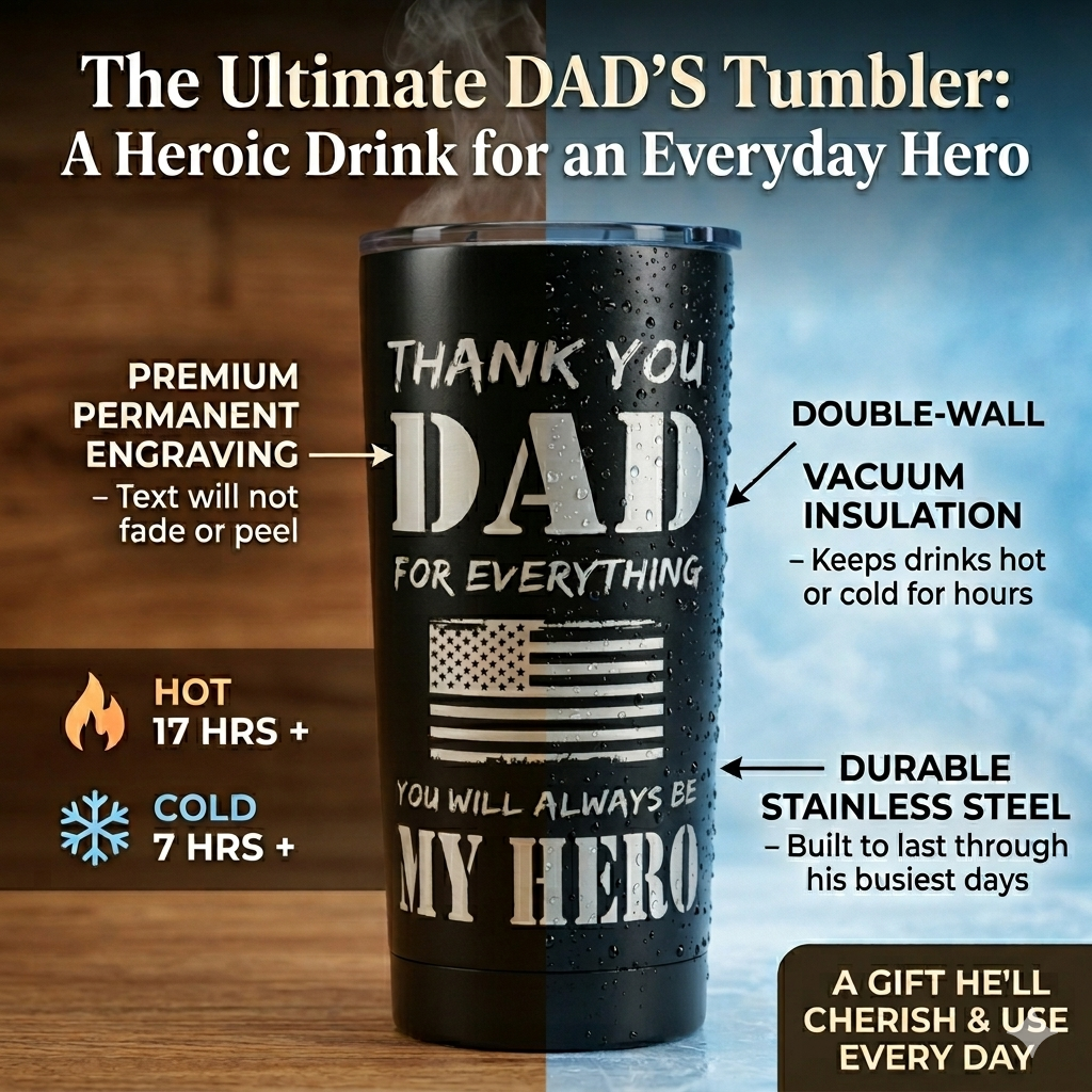 Black tumbler with engraved message on a wooden surface