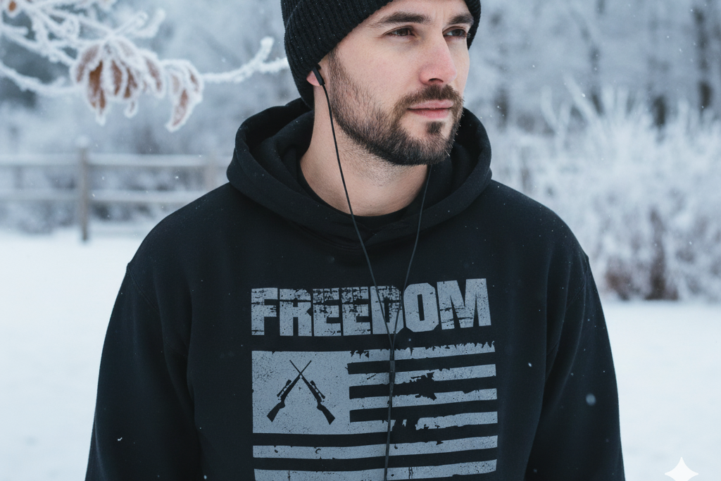 Man wearing a black hoodie with 'Freedom' text and graphics in a snowy landscape