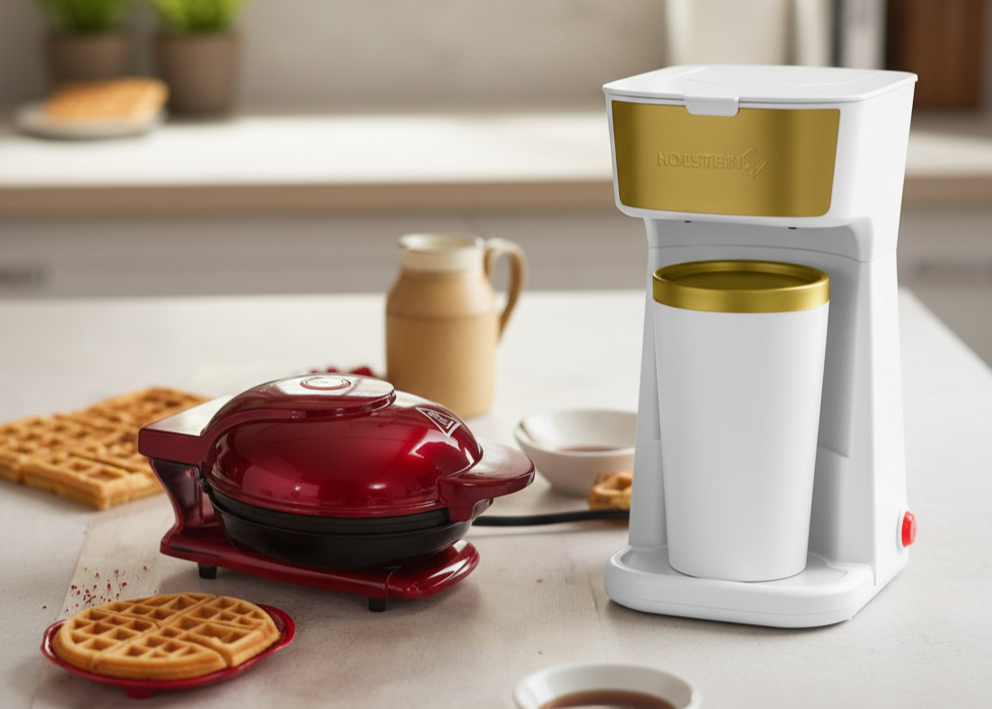 Kitchen scene with a waffle maker, coffee maker, and waffles on a countertop.