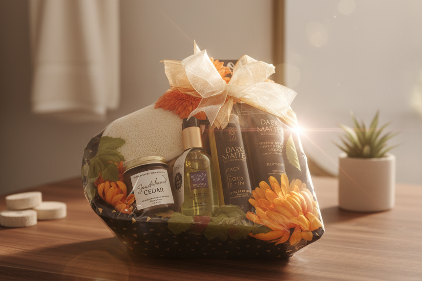 Gift basket with skincare products and a candle on a wooden surface.