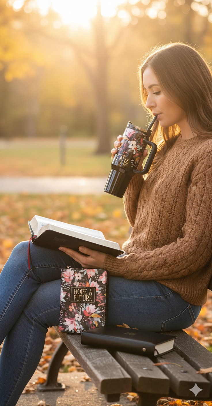 Woman sitting on a bench in a park, holding a floral-patterned tumbler and a book.