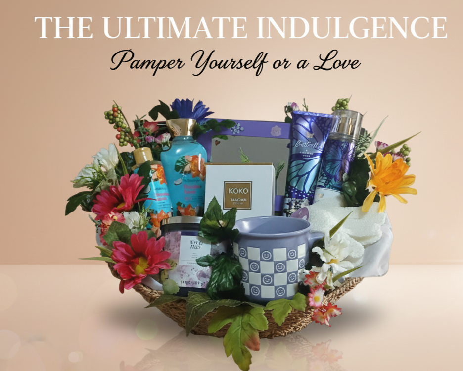 Gift basket with flowers and self-care products on a beige background, featuring the text 'The Ultimate Indulgence' and 'Pamper Yourself or a Love'.