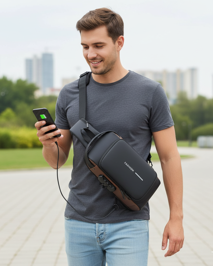 Man walking outdoors with a black crossbody bag and smartphone