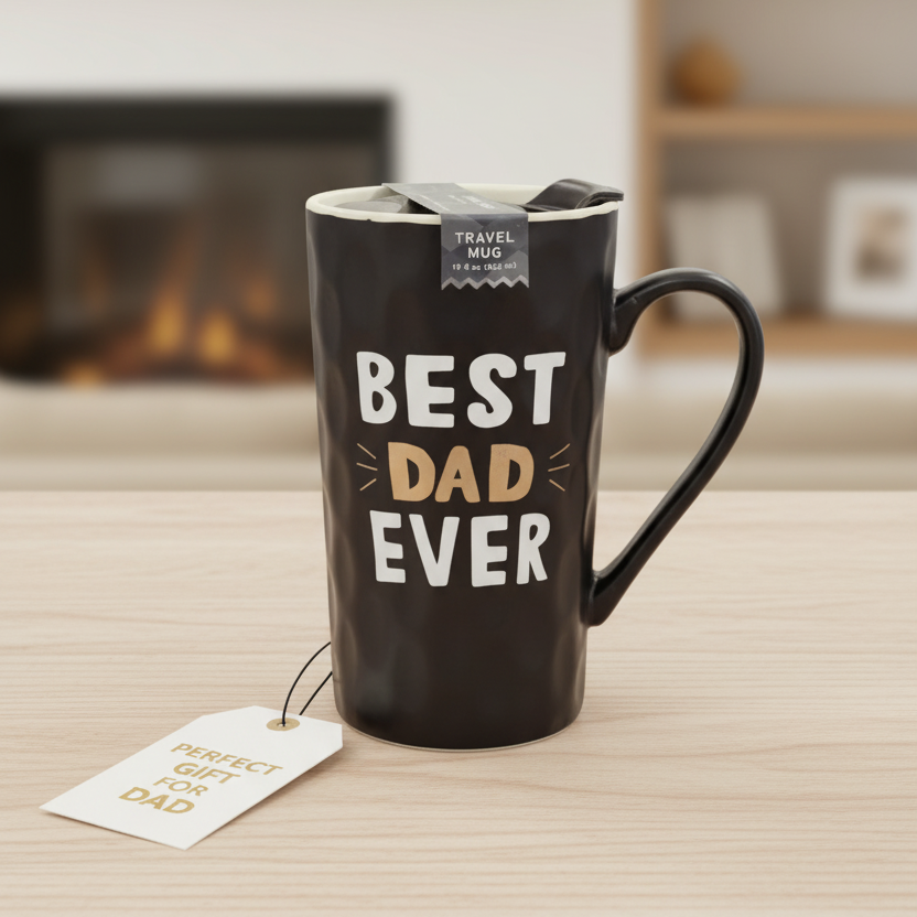 Black mug with 'Best Dad Ever' text on a wooden surface, fireplace in the background