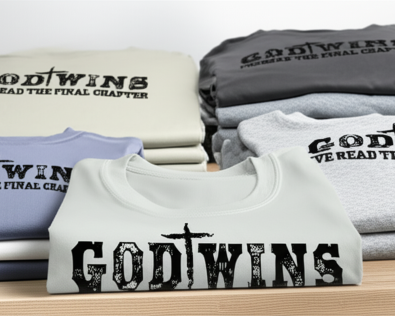 Stack of t-shirts with 'GODWINS' text on a wooden surface