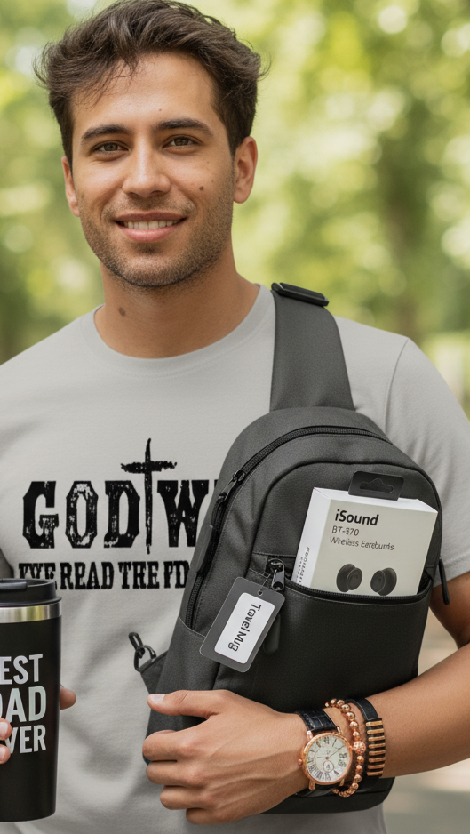 Man holding a black travel mug and a black crossbody bag with a green blurred background