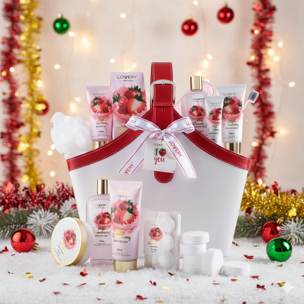 Cosmetic gift set with red accents and festive decorations in the background
