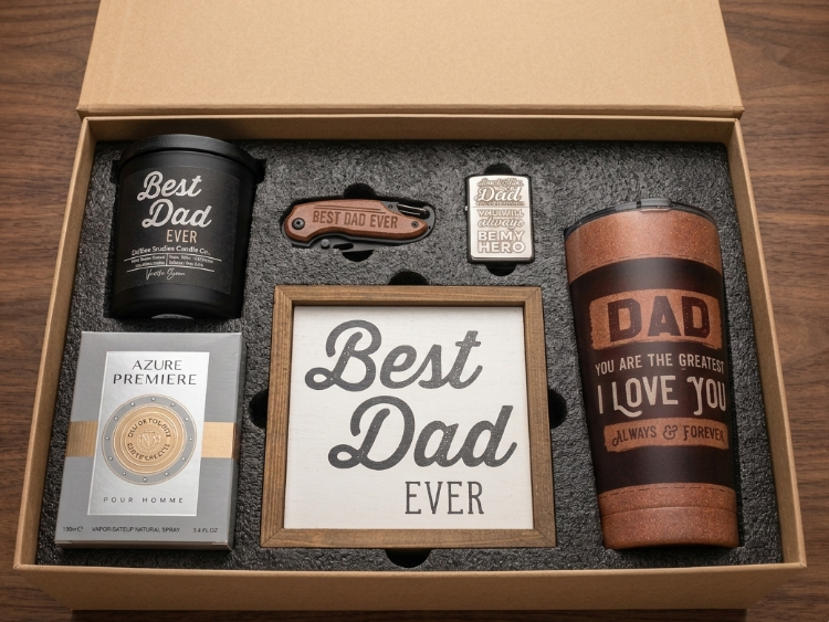 Gift set for Father's Day with a mug, candle, and framed sign in a box.