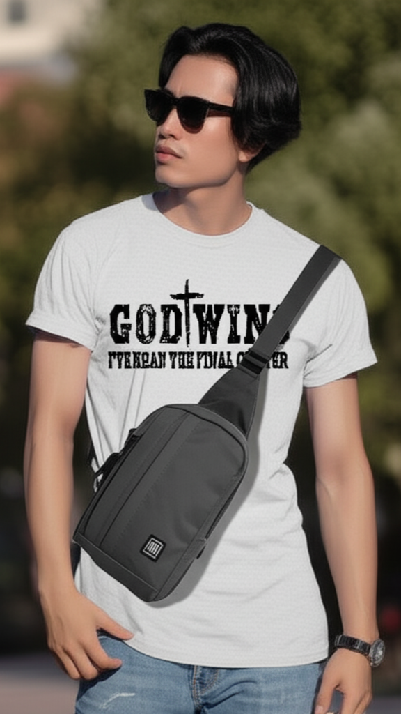Person wearing a white t-shirt with 'GODWIN' text, carrying a black bag outdoors.
