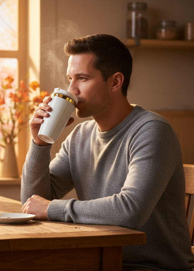 Man drinking from a white mug with a gold rim in a cozy room.