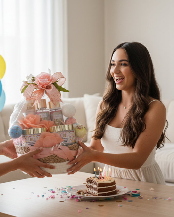 Two women exchanging a gift basket with a cake on a table in a bright room.
