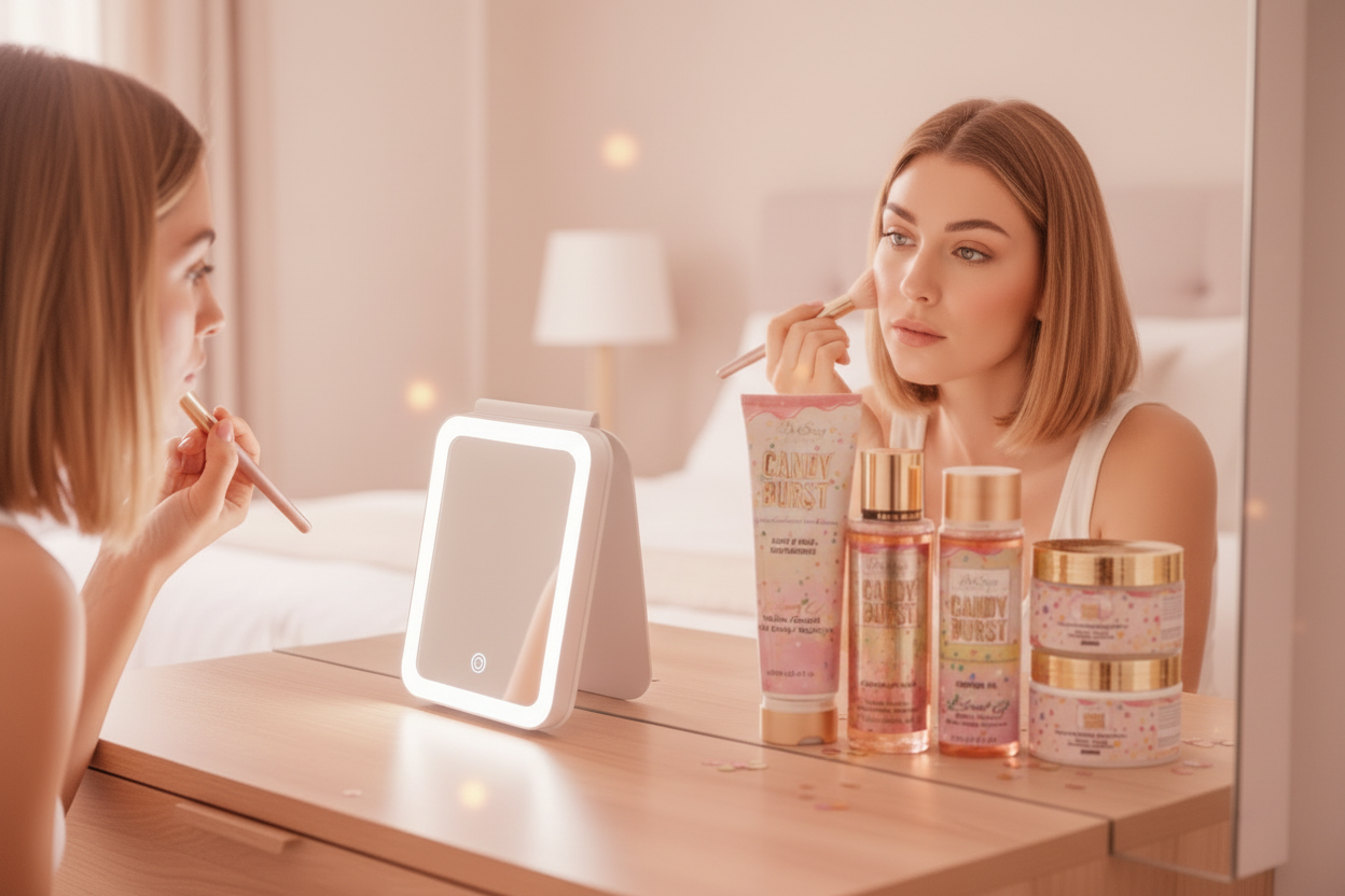 Woman applying makeup in front of a vanity mirror with lighted stand and skincare products.