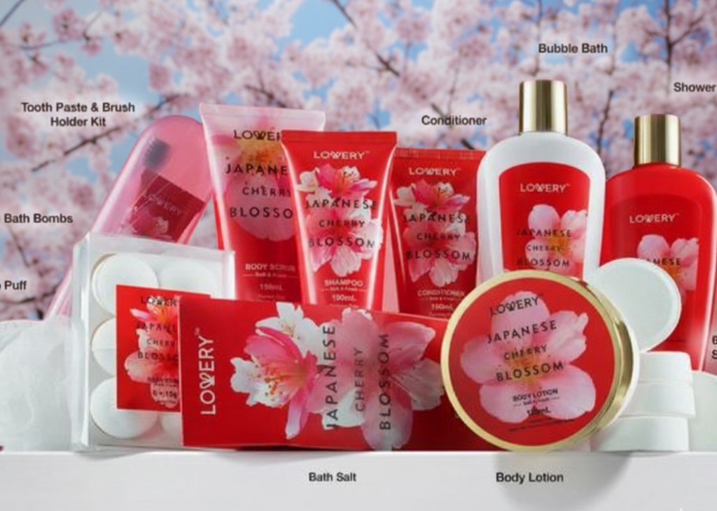 Set of 'Lovery' Japanese Cherry Blossom bath and body products with cherry blossom background