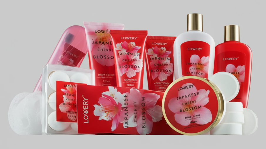 Japanese Cherry Blossom Bath Set, 25PC Spa Leather Bag - Just Because Gift Baskets