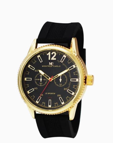 Black watch with gold casing and black strap on a white background