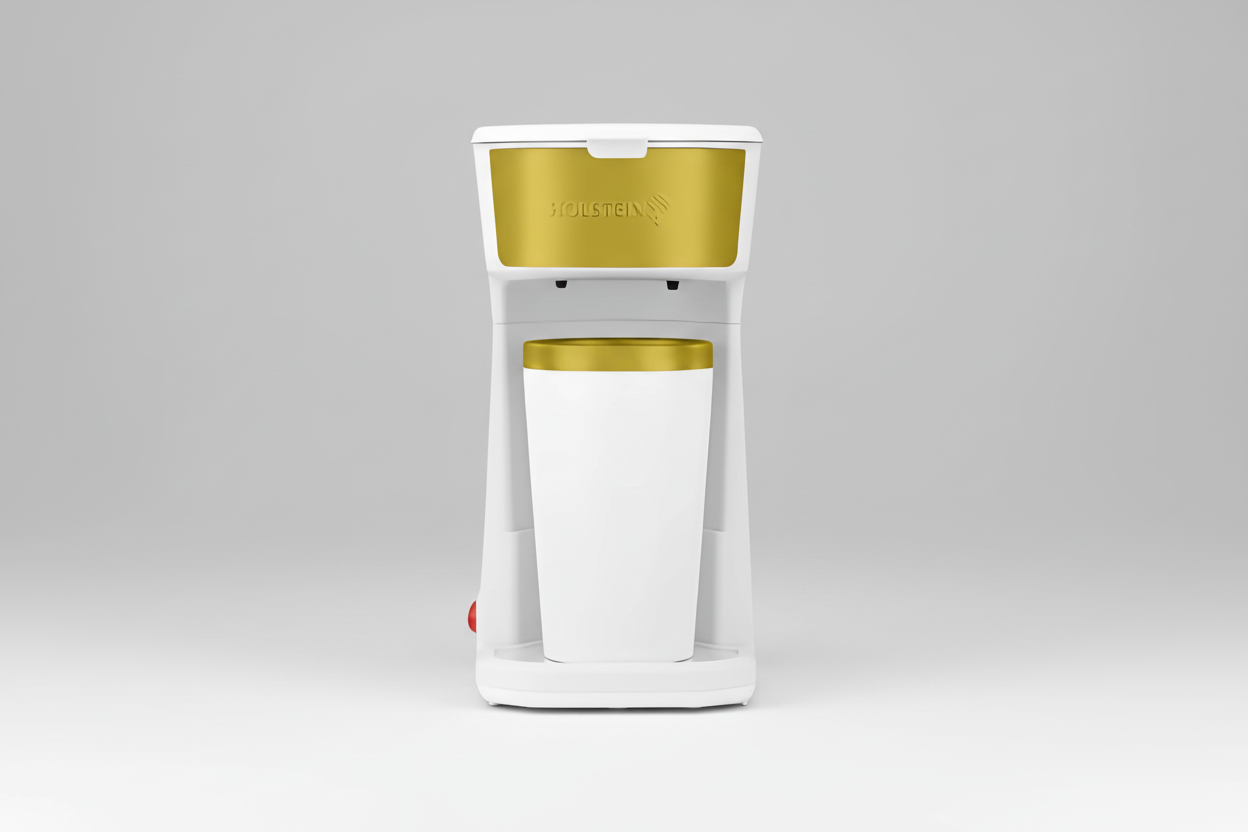 White and gold drink-dispensing machine on a gray background