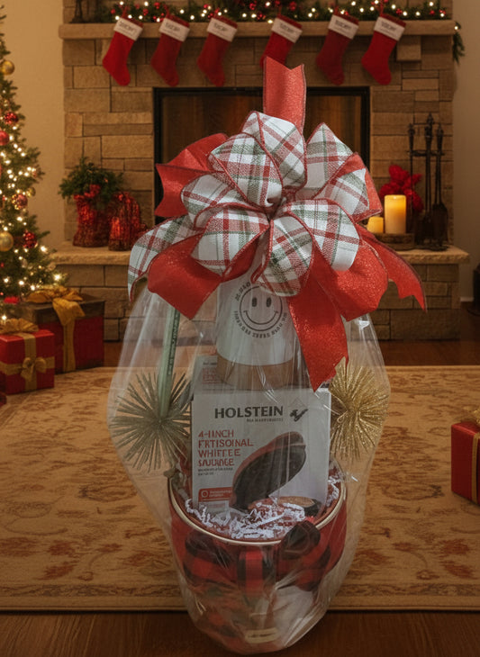 Holstein waffle maker, inspirational coffee mug, wooden slogan spoon, and small holiday plate.