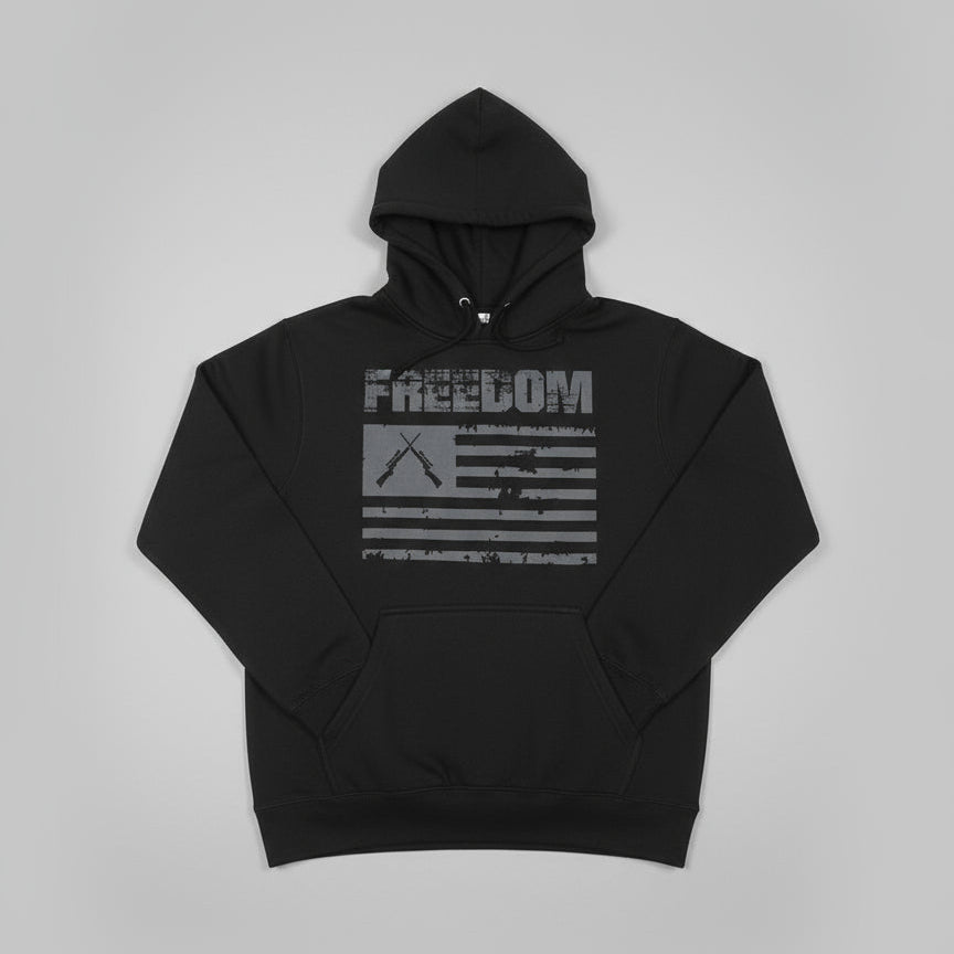 Black hoodie with 'Freedom' graphic on a gray background
