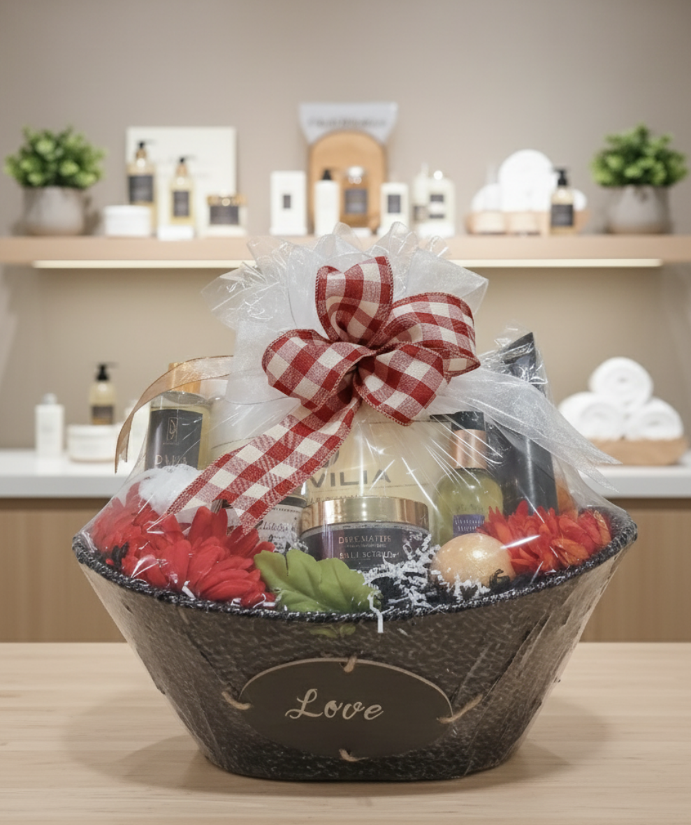 Gift basket with a red and white checkered bow on a wooden surface.