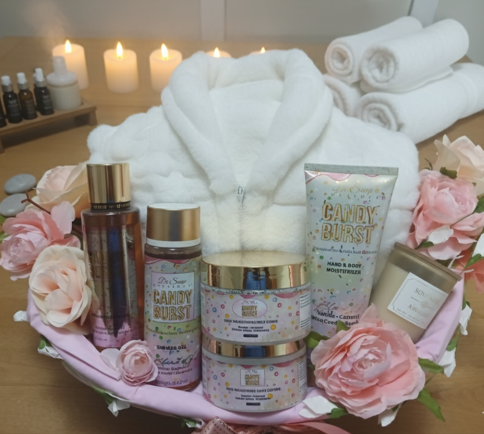 Bath gift set with candles, towels, and beauty products on a wooden surface.