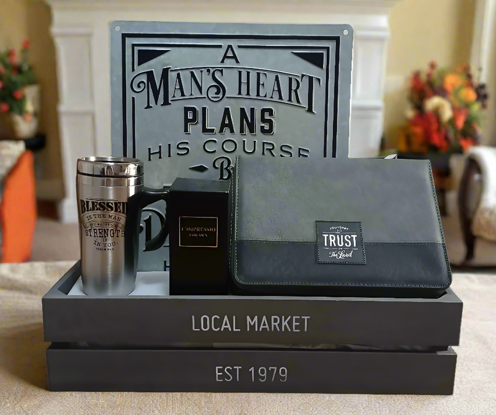 Set of items including a mug, tumbler, plaque, and pouch on a white background.