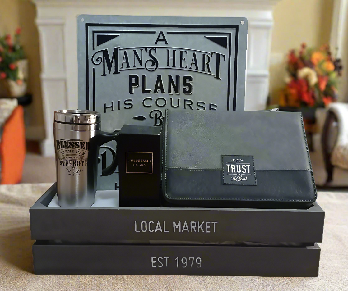 Set of items including a mug, tumbler, plaque, and pouch on a white background.