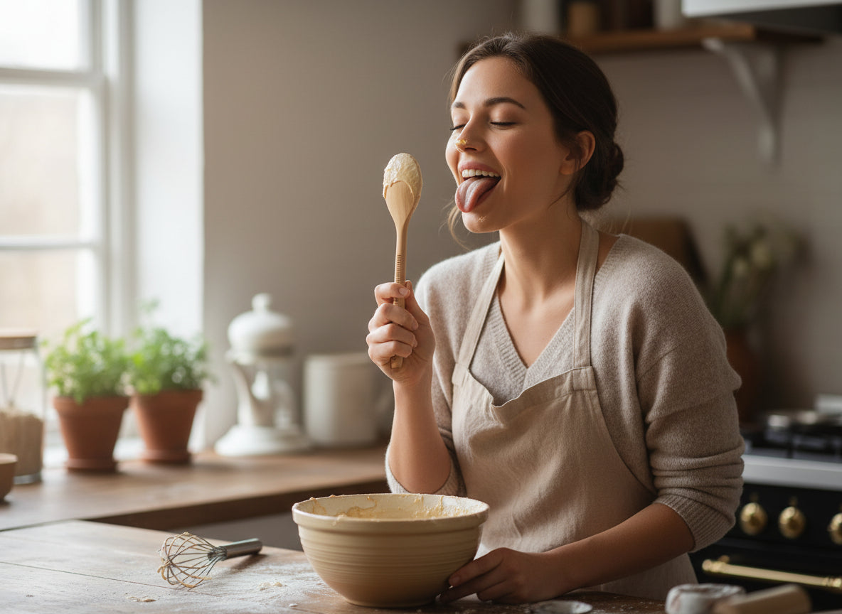 Woman in a kitchen holding a wooden spoon and a bowl, with a cozy home setting.