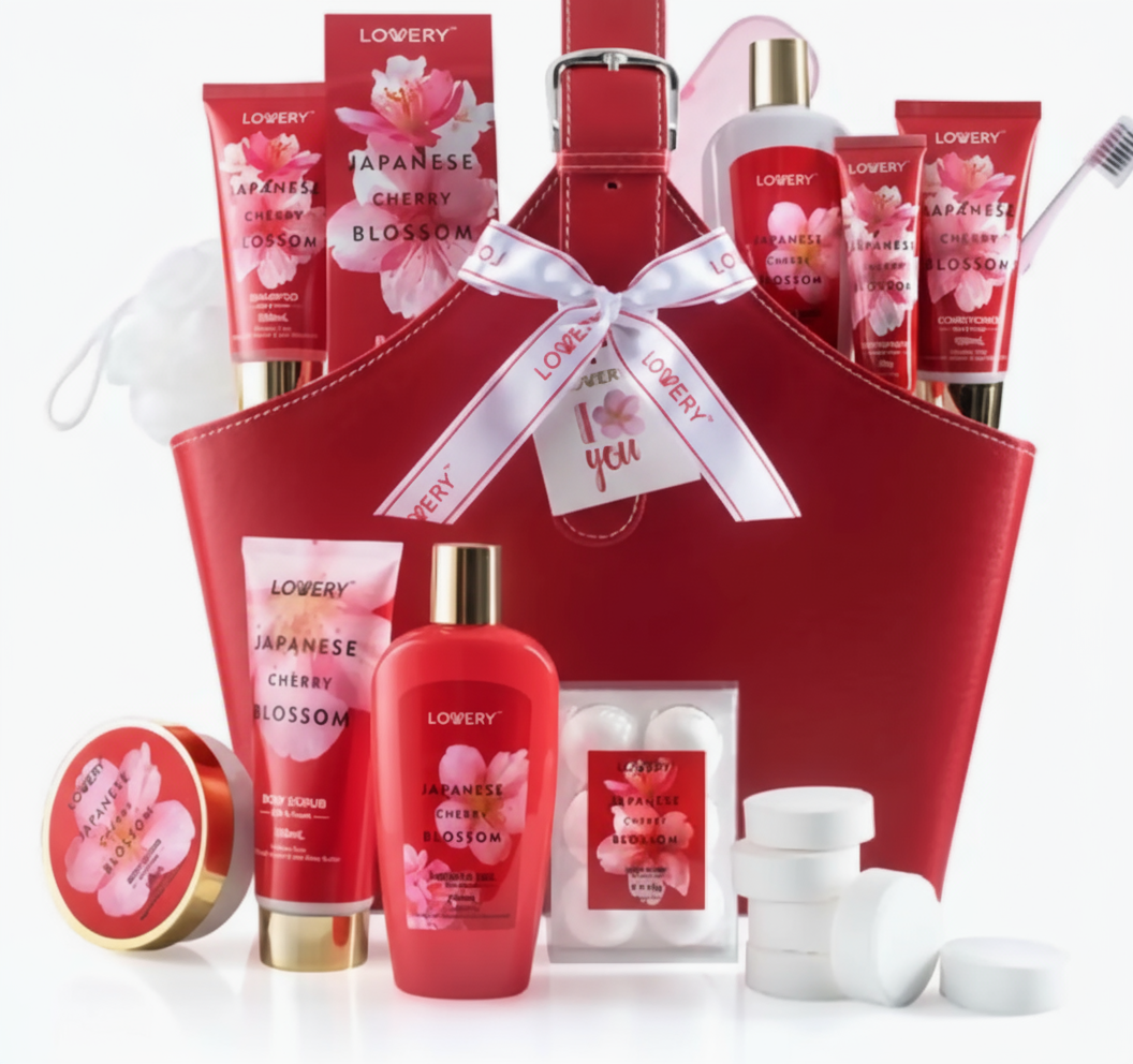 Japanese Cherry Blossom Bath Set, 25PC Spa Leather Bag - Just Because Gift Baskets