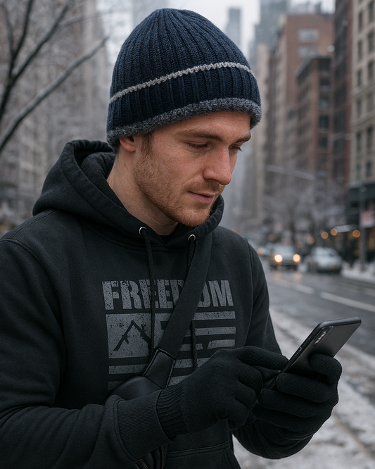 Man in black American hoodie and beanie using phone on a city street.