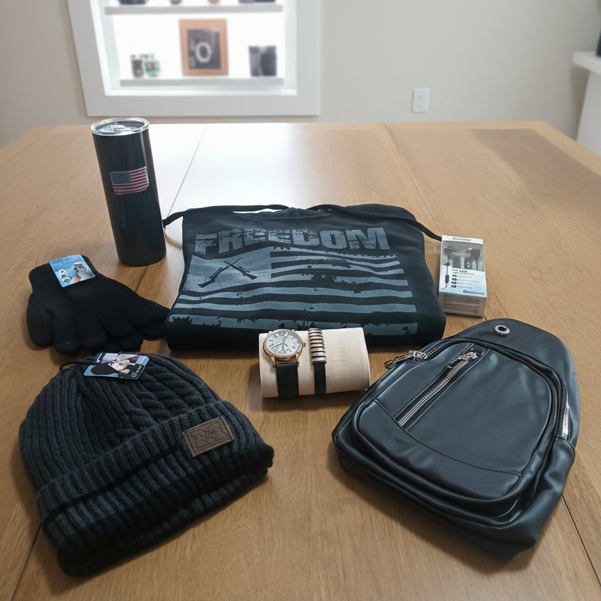 Collection of black items including a beanie, gloves, bag, watch, and can on a wooden surface.