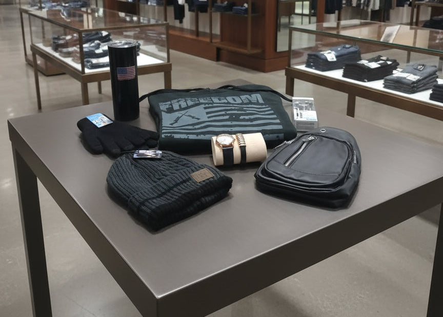 Collection of bags and accessories on a table with a store interior background