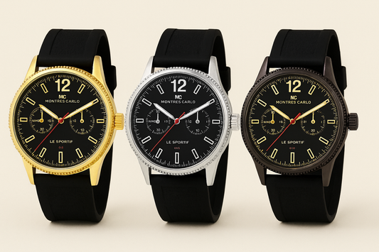Three Montres Carlo watches with different colored bezels on a beige background