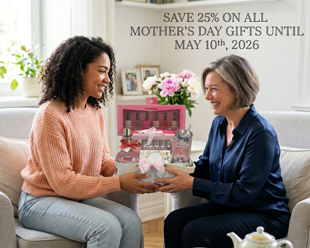 Two women sitting on a couch with a Mother's Day gift, promotional text for a discount on Mother's Day gifts.