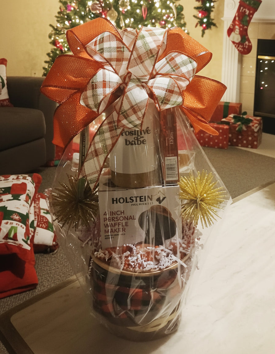 Gift basket with Holstein creamery product in a living room setting with Christmas decorations.