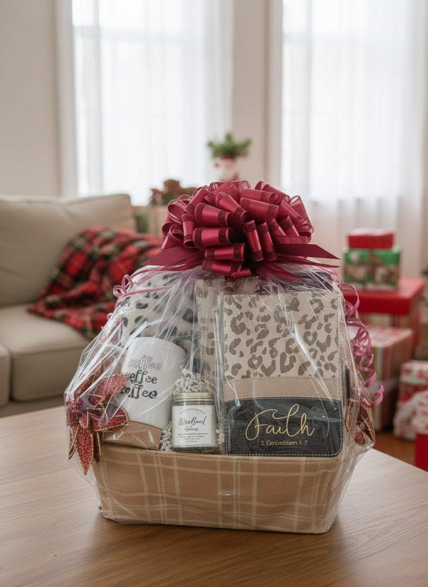 Leopard Print "Faith & Coffee" Comfort Gift Basket - The Perfect Blend of Cozy & Spiritual - Just Because Gift Baskets