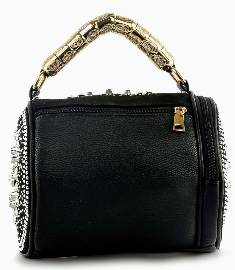Black handbag with gold and silver embellishments on a white background