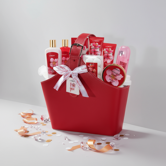 Japanese Cherry Blossom Bath Set, 25PC Spa Leather Bag - Just Because Gift Baskets