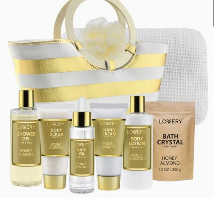 Lovery Honey Almond skincare and bath product set with a tote bag on a white background