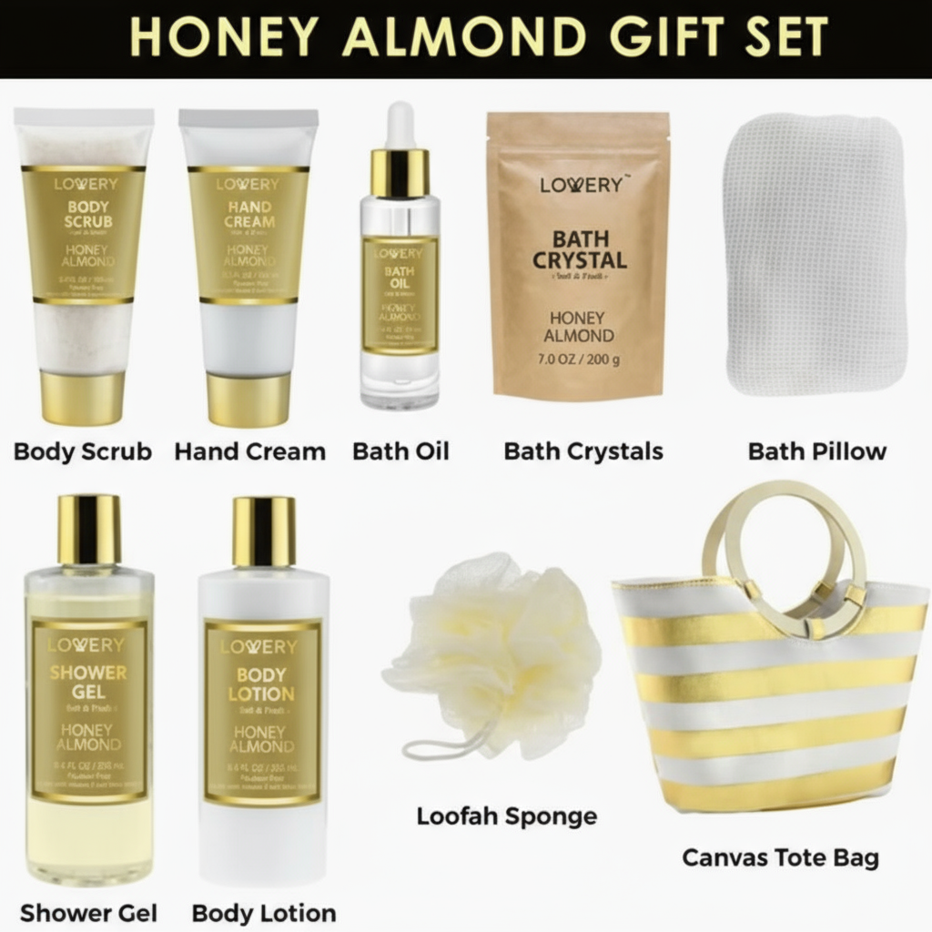 Spa Kit Gift Set - Honey Almond Scent in Gift-Ready Tote Bag - Just Because Gift Baskets