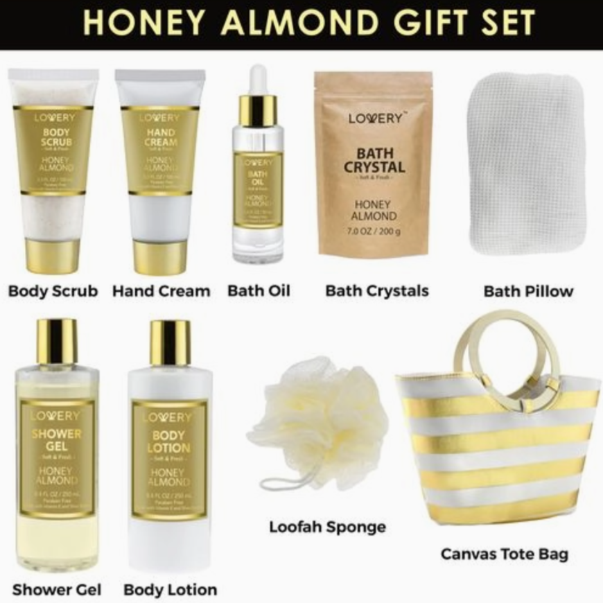 Honey Almond gift set with various beauty products on a white background
