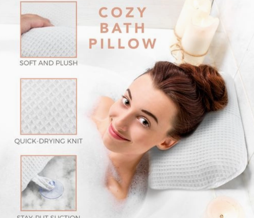 Woman using a cozy bath pillow with features highlighted on a white background