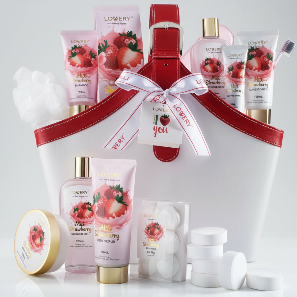 Cosmetic set with strawberry-themed products in a white bag with red trim.