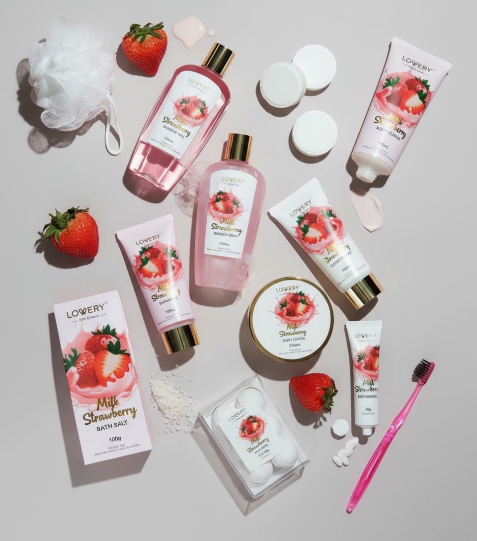 Lowery Strawberry skincare and bath products on a pink background