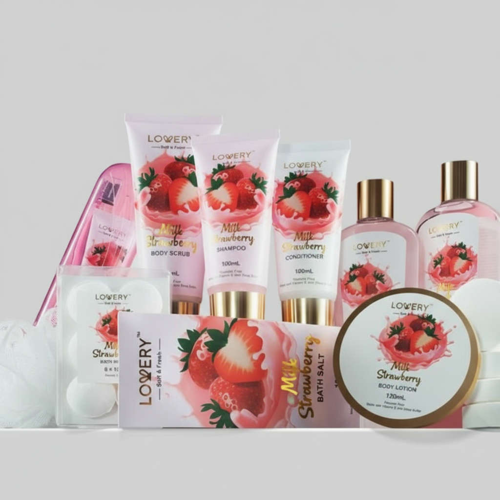 Collection of Lovery milk strawberry skincare and bath products on a pink background