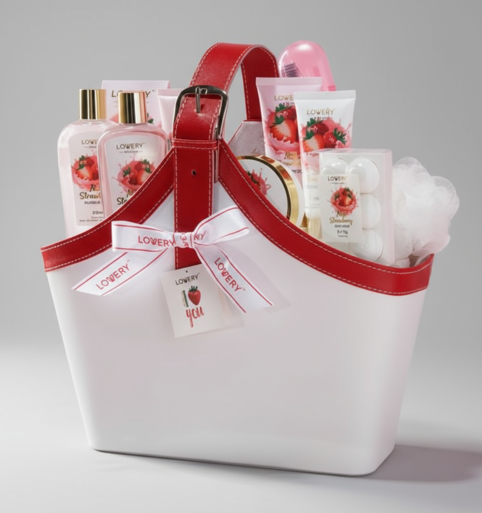 White tote bag with red handle filled with beauty products on a pink background