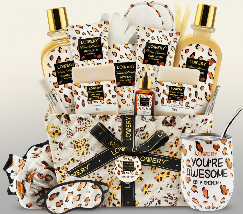 Collection of Lowery beauty products with leopard print design on a white background